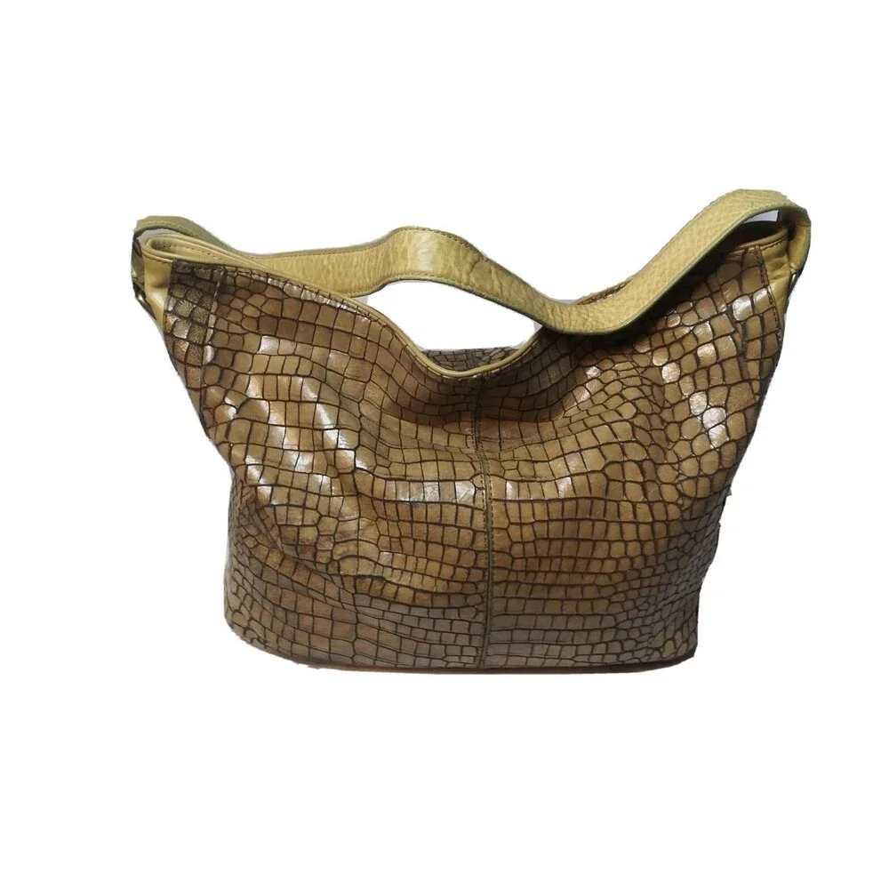 Vintage Donald J Pliner Leather Hobo Shoulder Bag Croc Embossed Tan Retail $275